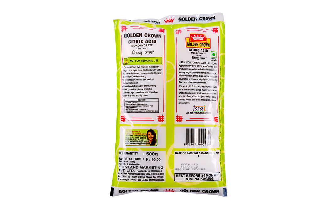 Golden Crown Citric Acid Monohydrate Regular Crystal   Pack  500 grams